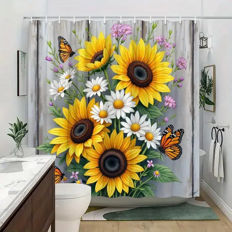 Spring garden shower curtain, Pretty shower curtain, Sunflower butterfly shower curtain, perfect for bathroom decoration, polyester durable material, easy to clean, machine washable, multiple sizes, shower curtain hook