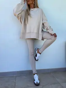 Women's Plain Drop Shoulder Sweatshirt Set, Casual Everyday Fashion Comfortable Fit Long Sleeve Pullover, Elastic Waist Pants, Spring & Fall