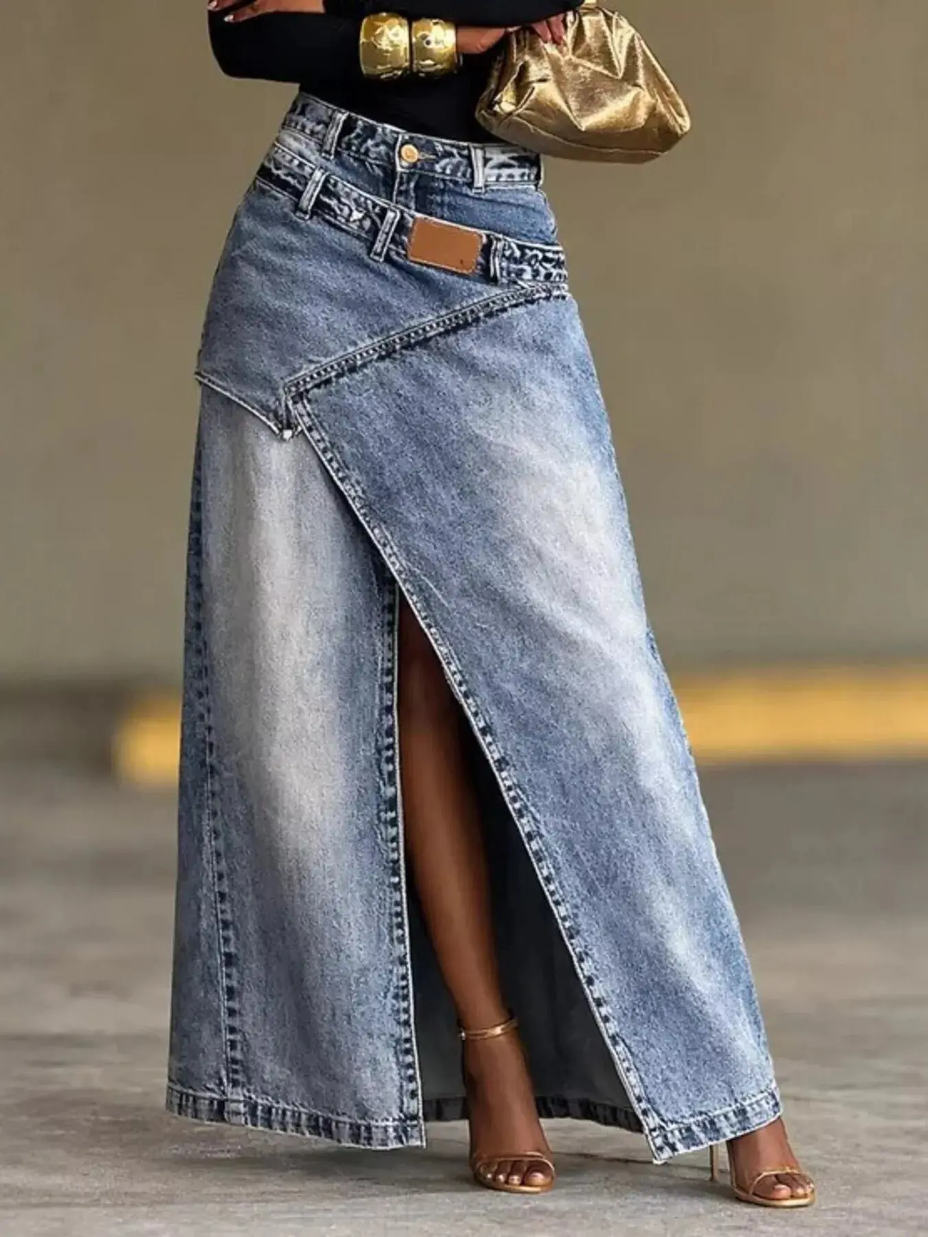 Women's Plain High-Waist Cotton-Spandex Denim Bottoms - Basic Asymmetrical Side Split Skirt with Cold Wash Compatibility