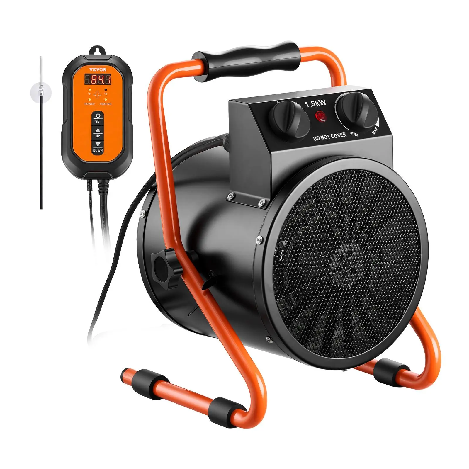 VEVOR 1500W Thermostatic Electric Greenhouse Heater for Home & Flower Room, IPX4 Rated, Heat Resistant, Heating & Fan Modes, 25° Adjustable Angle, Overheat Protection, Grip Handle, Grow Tent Use, Thermostatic Heat