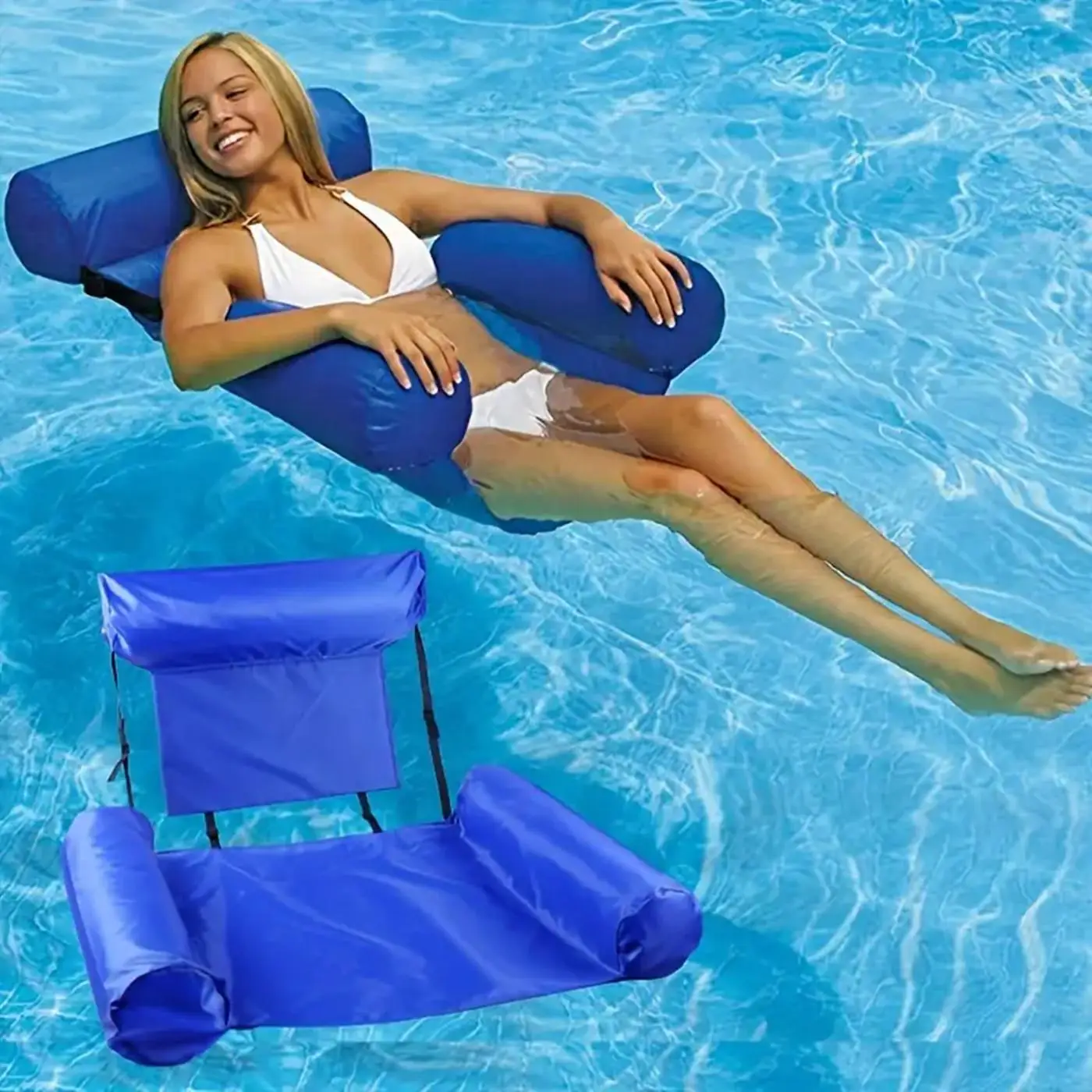 Inflatable Floating Water Hammock, Foldable Protable Pool Lounger without Air Pump, Relaxed Air Mattress Swimming Bed for Home Pool Beach