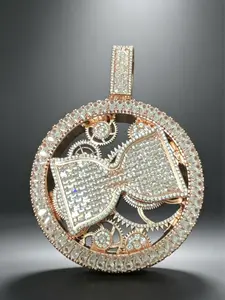 2174  Rotating Gear Bow Initial Pendant | Blinged-Out 3D Mechanical Medallion Charm for Hip Hop Streetwear Vibe Hip Hop Vibes Bold Design summerwins