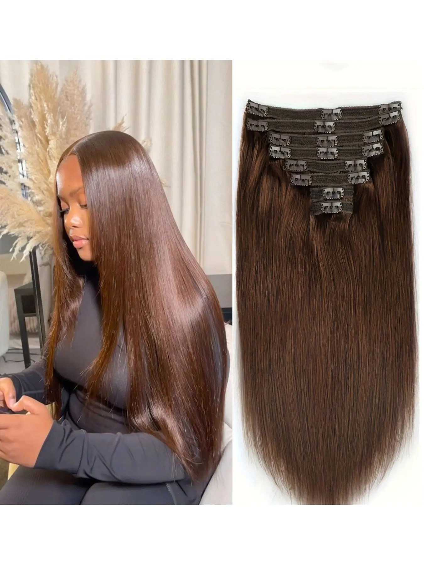 #4 Straight Hair Extensions Clips, Real Human Hair Natural Looking Hair Chocolate Clip-In Hair Extensions, Easy Installation, Secure Clamps, Secure Clipping Mechanism, 8pcs Daily Use, Human Hair Pieces