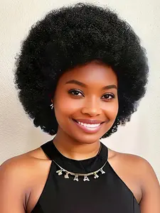 Afro Kinky Curly Human Hair Wig - Natural Color Brown Fluffy & Soft - Full Machine Made for Women