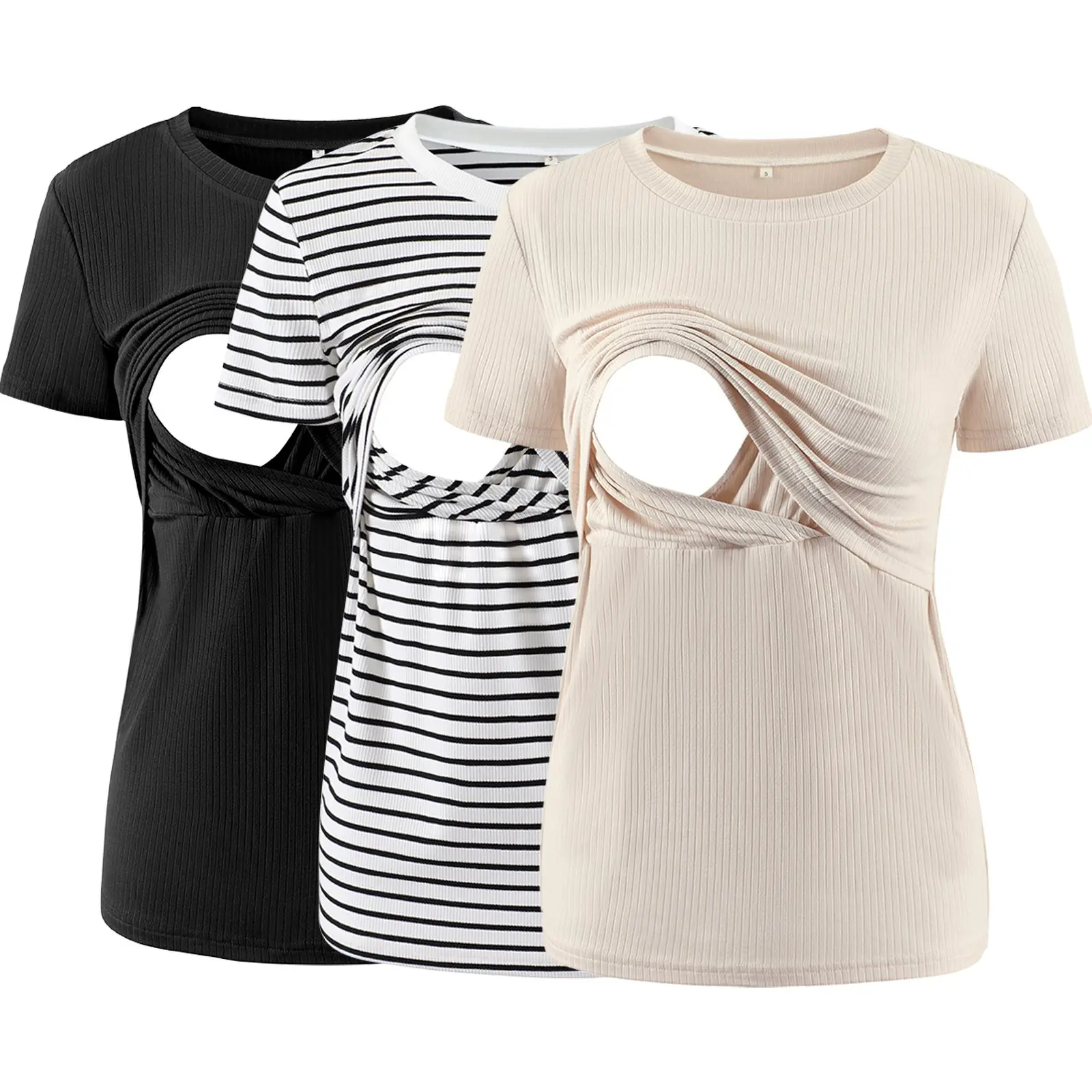 ECAVUS Women's Maternity Nursing Tops, 3-Pack Short Sleeve Rayon Blend Double Layer Breastfeeding Shirts, Nursing Apparel, Maternity Clothing Maternityclothes