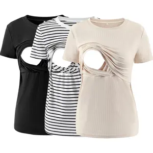 Ecavus | Women's Maternity Nursing Tops Rib Short Sleeve Breastfeeding Shirts Maternity Clothes 3-Pack Maternity clothes