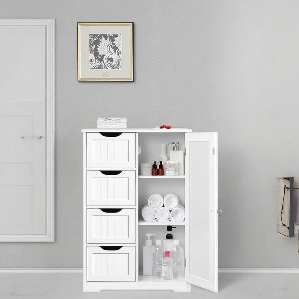 White 4-Drawer Freestanding Bathroom Storage Cabinet – Narrow Floor Unit with Adjustable Shelf Cupboard for Towels & Toiletries, Bathroom Storage Cabinet Freestanding Floor Cabinet with 4 Drawers and 1 Door
