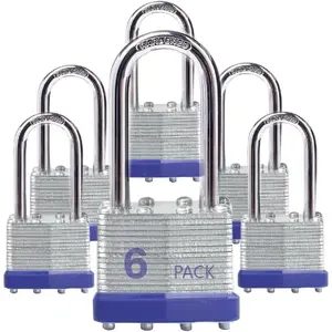 Outdoor Padlocks Key Lock, Same Key Padlocks - Laminated Steel Keyed Padlocks with Long Shackle, 6 Pack for Hasp Latch, Sheds, Fences, Storage Locker, School, Gym