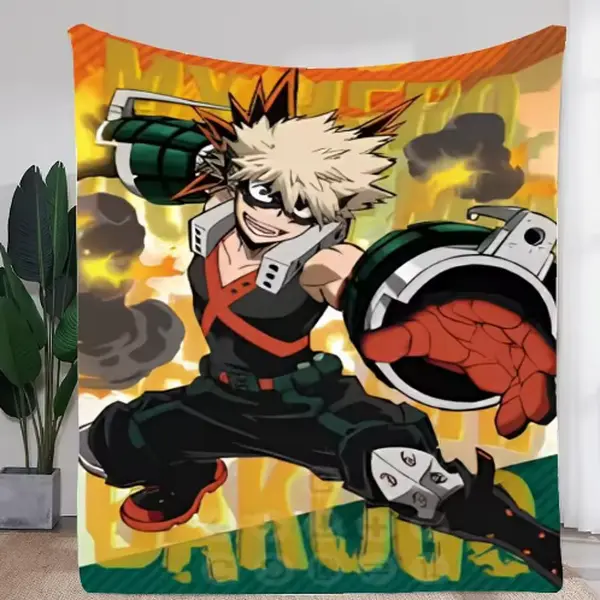 My Hero Academia Inspired Fleece Blanket, Bakugo Inspired Action Pose Anime Throw Blanket with Spiky Blonde Hair Design, Soft Cozy Blanket for Couch Bed Sofa, Fan Gift