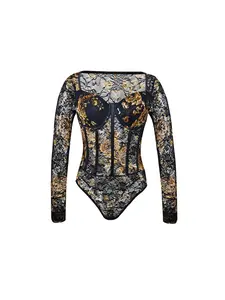 Women's Vintage Floral Lace Bodysuit - Long Sleeve Corset Teddy with Underwire for Hot Girl Layering Lace Lingerie