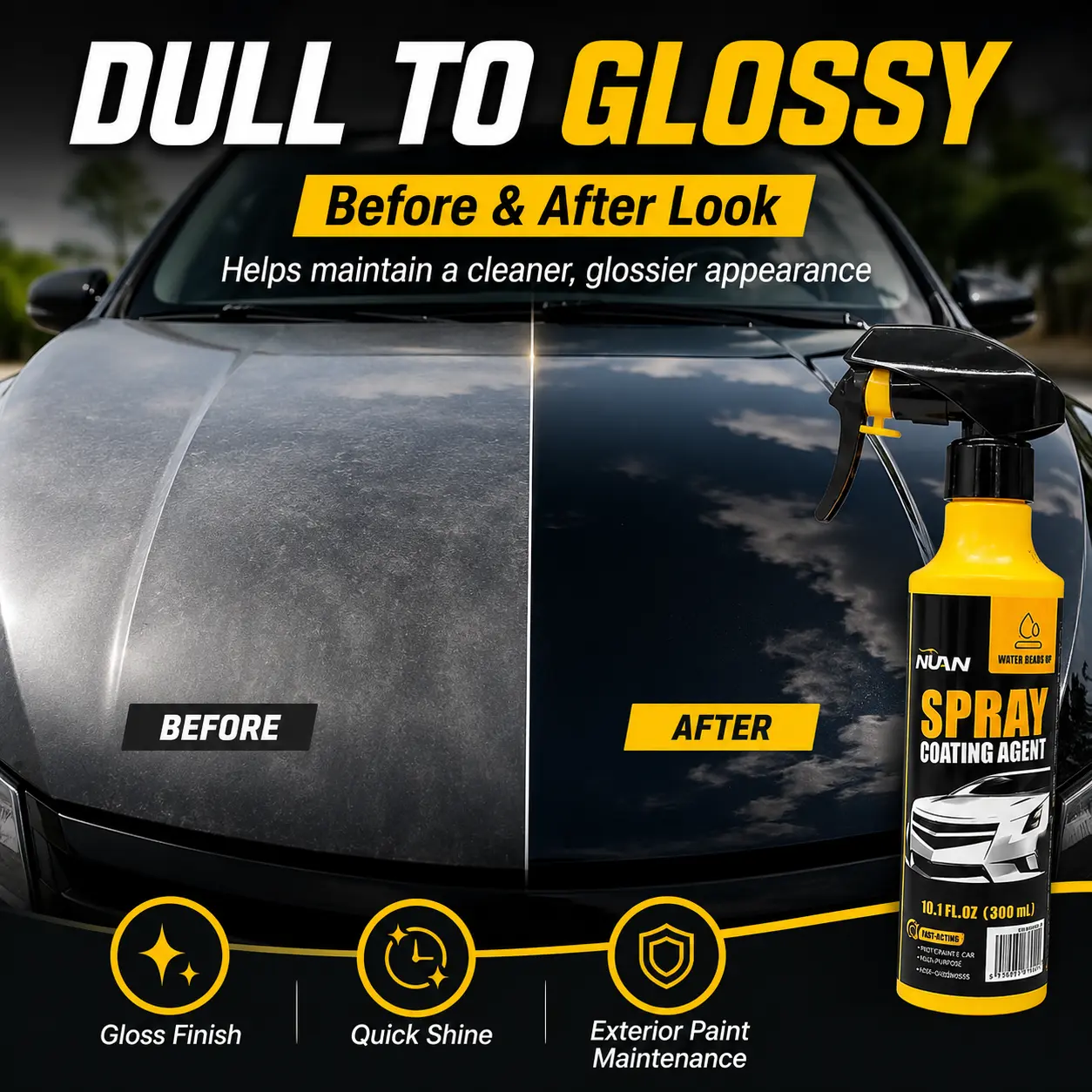 NUAN Car Paint Coating - Ceramic Coating Spray for Cars, 3-in-1 Waterless Wash & Wax, Hydrophobic Paint Protection, High Gloss Shine, SiO2 ceramic spray, wax polish spray, pH neutral car wash, headlight coating, ceramic coating kit, water beading spray