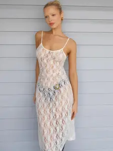 Lace Transparent Halter Skirt Fashion Backless Dress, Stylish Chic Lace Halter Top & Elegant Sheer Design, Perfect for Trendy