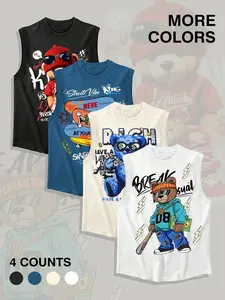 Men's Street Style Teddy Bear Graphic Print Tank Top, Casual Comfy Street Fashion Round Neck Sleeveless Top for Daily Wear, Men's Sleepwear & Loungewear for All Seasons