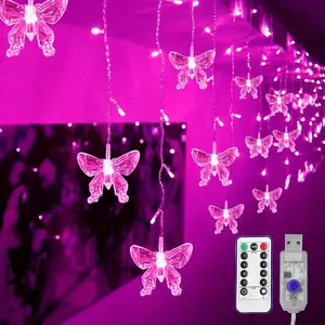 Butterfly Curtain Fairy Lights String, 8 Modes, 96 LED USB Powered Timer Function, Remote Control, 16 Butterfly Hanging Decorations, Butterfly Accents