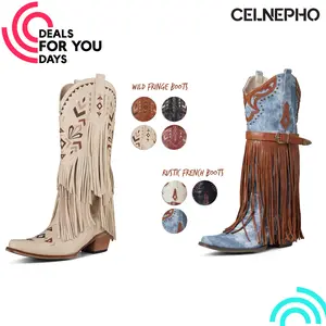 CELNEPHO Womens Cowboy Boots Western Fringe Mid Calf Boot Pointed Toe Classic Tassel Embroidered Chunky Block Heel Retro Western Easy Pull on Gifts Country Wedding Party Concert Spring Summer Festival Dress Cowgirl Shoes Deals For You Days