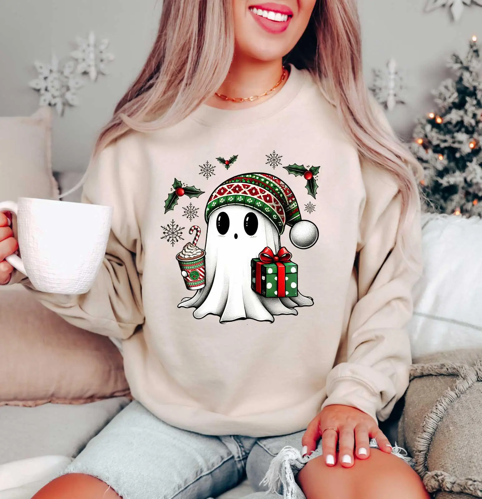 Ghost Santa Christmas Graphic Sweatshirt, Cute Holiday Ghost Crewneck, Funny Xmas Pullover, Spooky Christmas Winter Outfit, Festive Gift for Women & Men