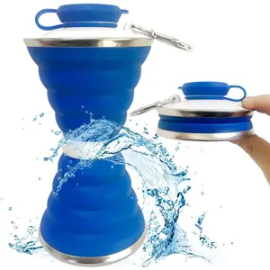 Collapsible Water Bottle, Camping Cup With Carabiner, Reuseable Silicone Foldable Leak Proof Portable Sports Travel Water Bottles For Outdoor, Travel Gym Hiking, BPA Free, Cycling Cups with Carabiner