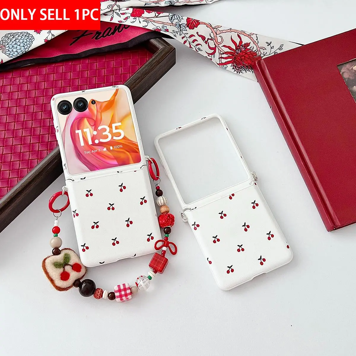A PU leather cherry-pattern protective phone case, Stylish shockproof cover, with hard PC back panel, suitable for Motorola Razr 2026, 2025, 70, 60, 50 Ultra Casing