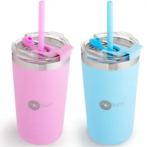 PopYum 13oz Insulated Stainless Steel Kids’ Cups, 2-Pack, Blue, Pink Drinkware Flasks Tumber Bottle Portable