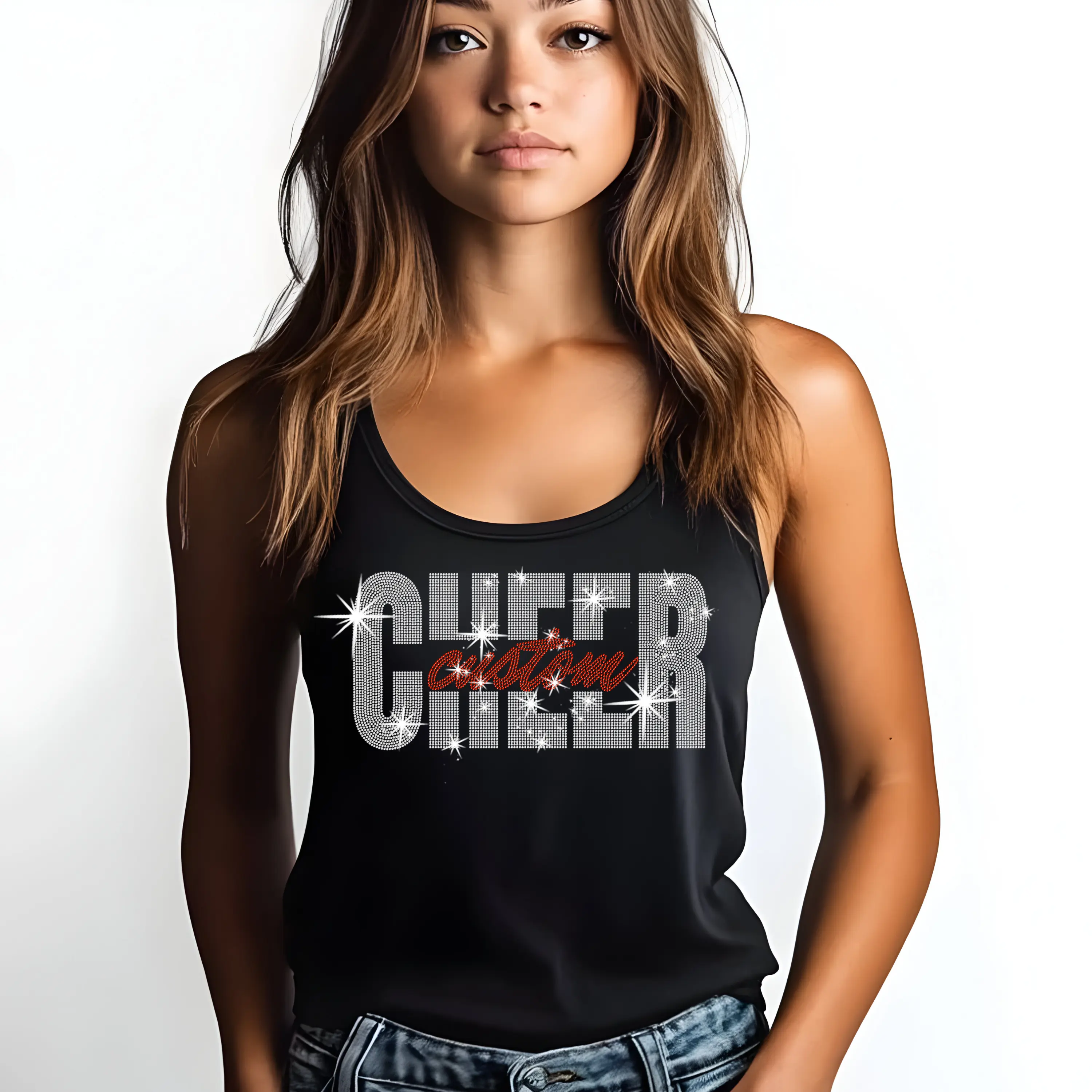 Handmade Personalized Cheer Rhinestone T-shirt Soft Stylish Graphic Tee for Fans Comfortable Durability All-Day Wear Customizable Team Pride