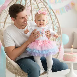 Baby Girl First Birthday Outfit Letter Print Long Sleeve Romper Mesh Skirt and Bow Headband 3 Pcs Set