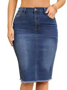 INSPIRE CHIC Women's Denim Skirt Raw Hem High Waisted Pockets Stretch Knee Length Jean Skirts Blue