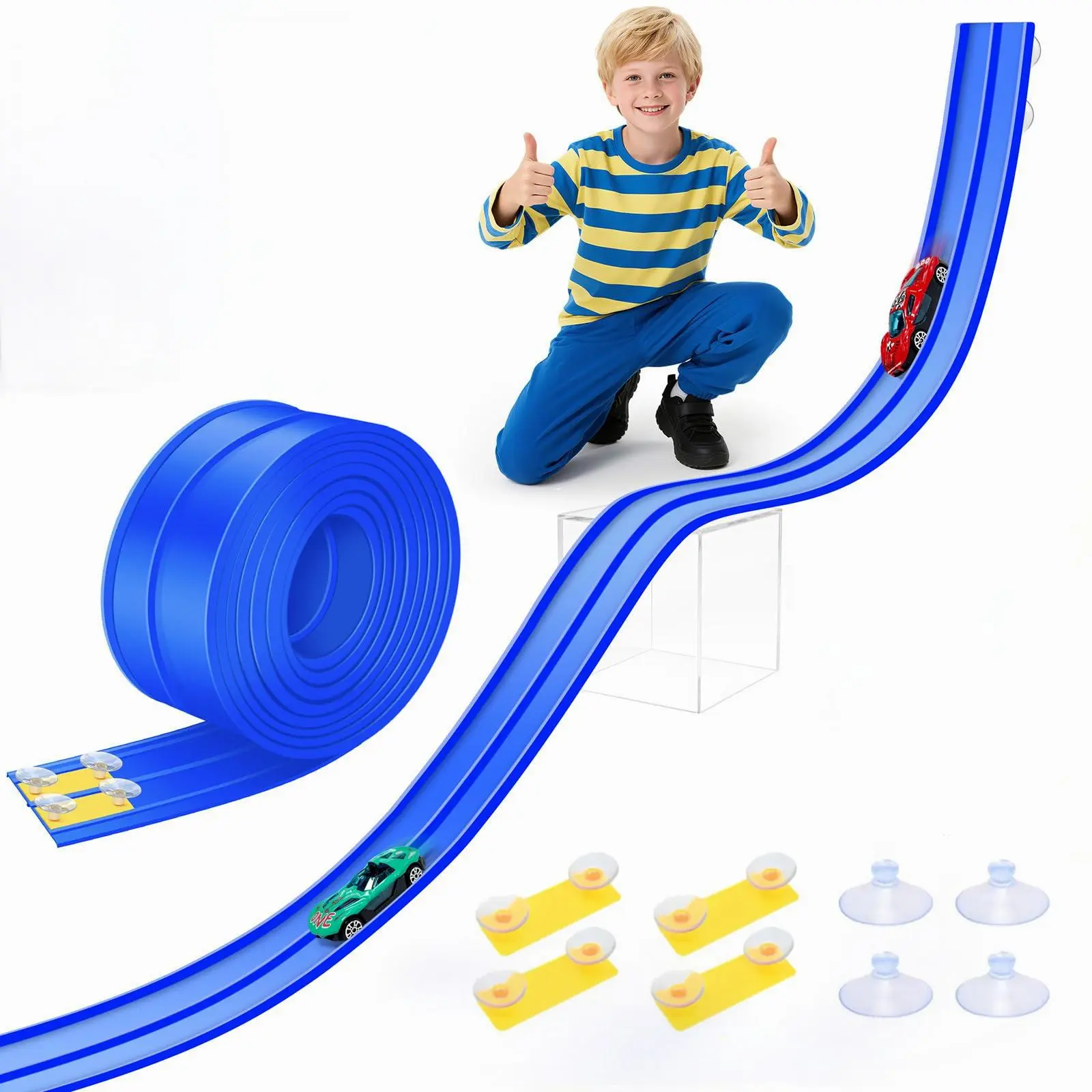 Flex Tracks 15ft Beginner Flexible Track Set for Kids, Suction, Compatible with Hot Wheels & Diecast Cars, Portable Roll-Up Design