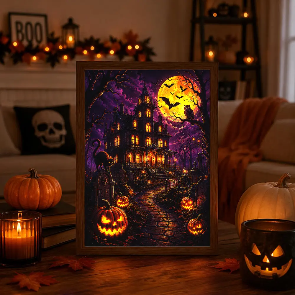 Halloween Haunted Castle Pumpkin Graveyard LED Light Painting USB-Powered, Adjustable Desk Lamp, Polished Wood Frame, Perfect For Bedroom Or Home Decor, Ideal Halloween & Birthday Gift, LED Lights For Bedroom, Interior Led Lights, Indoor Room Lights
