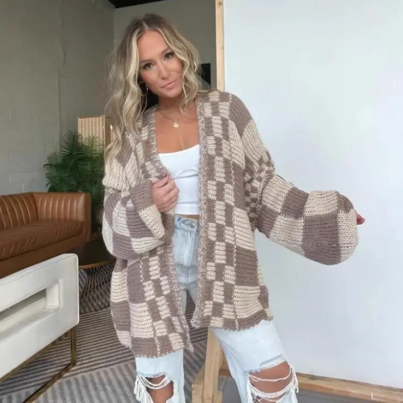 Casual Cardigan Sweater for Women Fall  Long Sleeve Open Front Chunky Knit Sweaters Checkered Outwear Coat No.35 Fabric Fashion