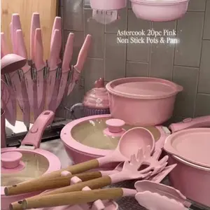 Astercook 21 Pcs Pots and Pans Non Stick Ceramic Cookware Set, Detachable Handles, RV Kitchen Cooking Set, Oven Safe, Induction Ready, Stackable, Pink