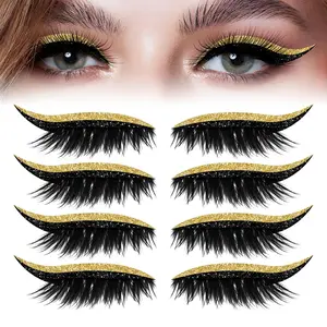 Lazy Eye Shadow Eyelash Patch, Lazy Eyelash Stickers,4 Pairs Reusable Adhesive Eyelashes, Natural & Waterproof Eyelashes Makeup Stickers Instant for Women's Make Up (Gold)