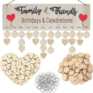 Wooden Holiday Celebration Calendar Plaque, 1 Set Including 1 Count Calendar Board & 100pcs Wooden Heart Shaped Hanging Tag, Birthday & Anniversary Calendar, Ornaments