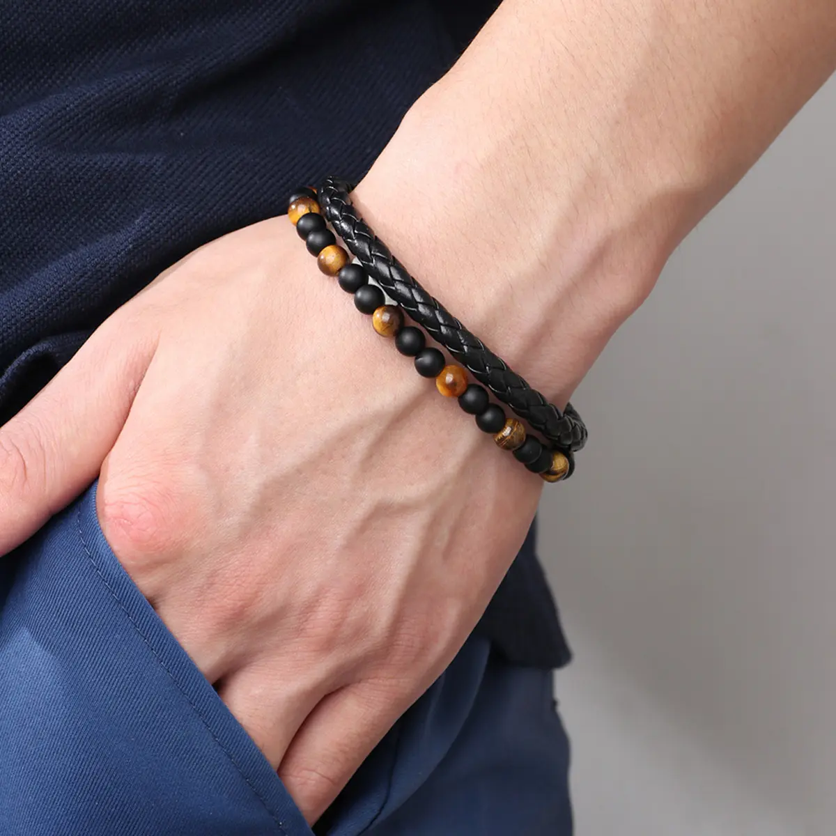 Men's Beaded Bracelet with Natural Tiger Eye & Obsidian, 8-Inch Boho Double Braided Leather Healing Crystal Jewelry with Magnetic Clasp for Inner Strength, Boho Stone Bracelet, Natural Unique Gemstone, Gemstones