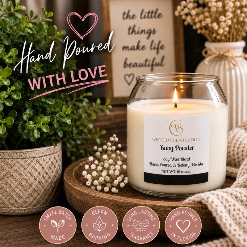 Baby Powder  16 Ounces Hand Poured Soy-Wax Blend Candle in Glass Jar with cork ball lid  Decoration Decorative for Home Decor - Ornaments Scented Gift