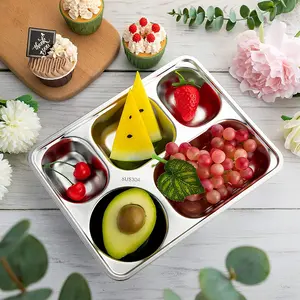 4pcs Deep Plate Set, Stainless Steel Divided Rectangular Portion Control Plates, 5 Compartments Metal Food Tray for Lunch Dinner Camping