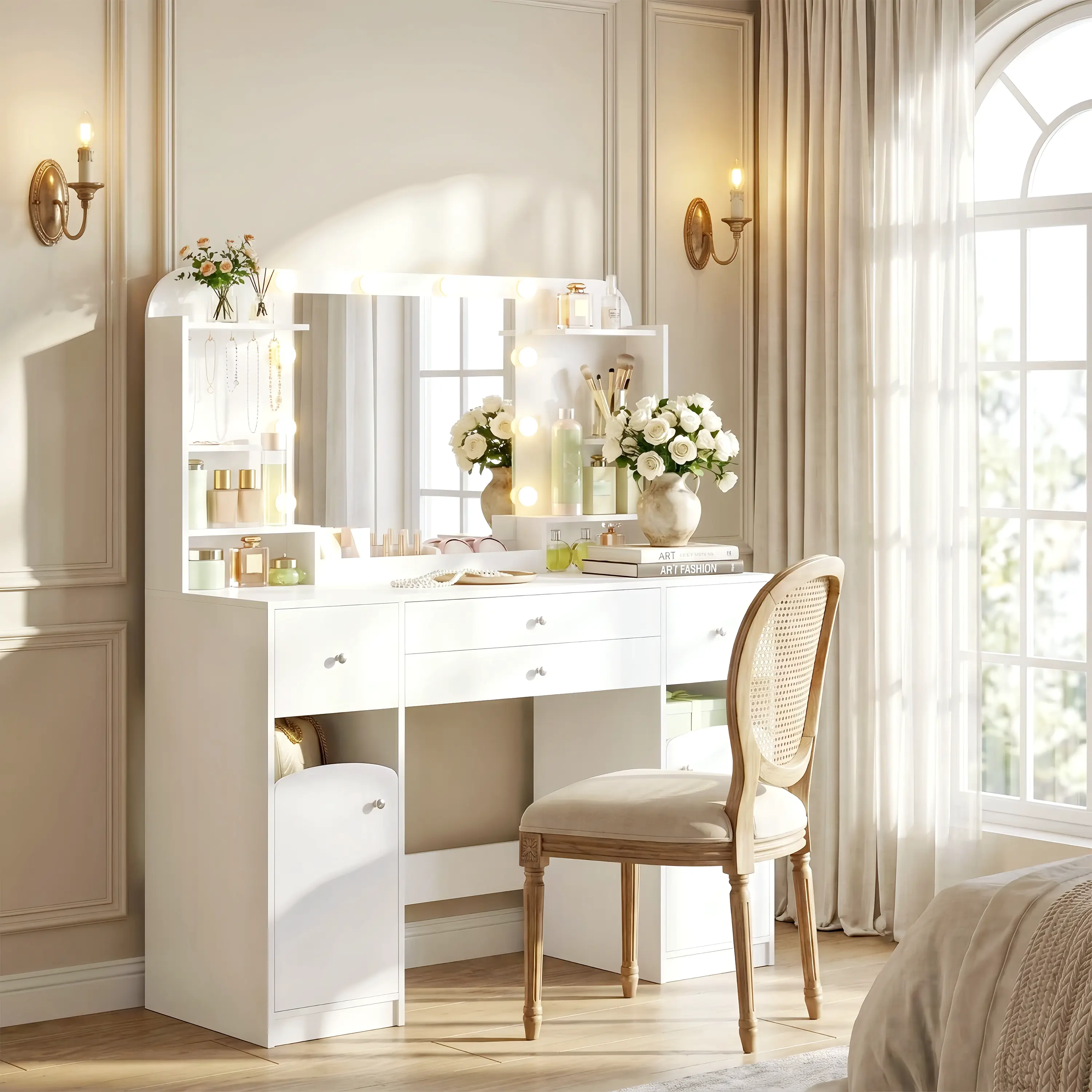 Hzuaneri 42.5" Large Vanity Desk，Dressing Table with Mirror and LED Light, Power Strip, 4 Drawers, 2 Open Storage Cabinets, and Jewelry Storage for Bedrooms, White
