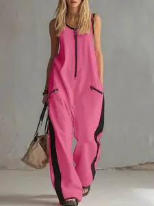 Women’s Sporty Jumpsuit Sleeveless Zip Front Wide Leg Romper Casual Loose Fit Color Block Outfit with Pockets