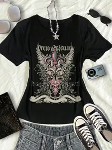Trendy Vintage Gothic Print T-Shirt, Sword Wing Floral Pattern Short Sleeve Top, Y2K Street Style, Perfect for Back to School and Dates, Streetwear