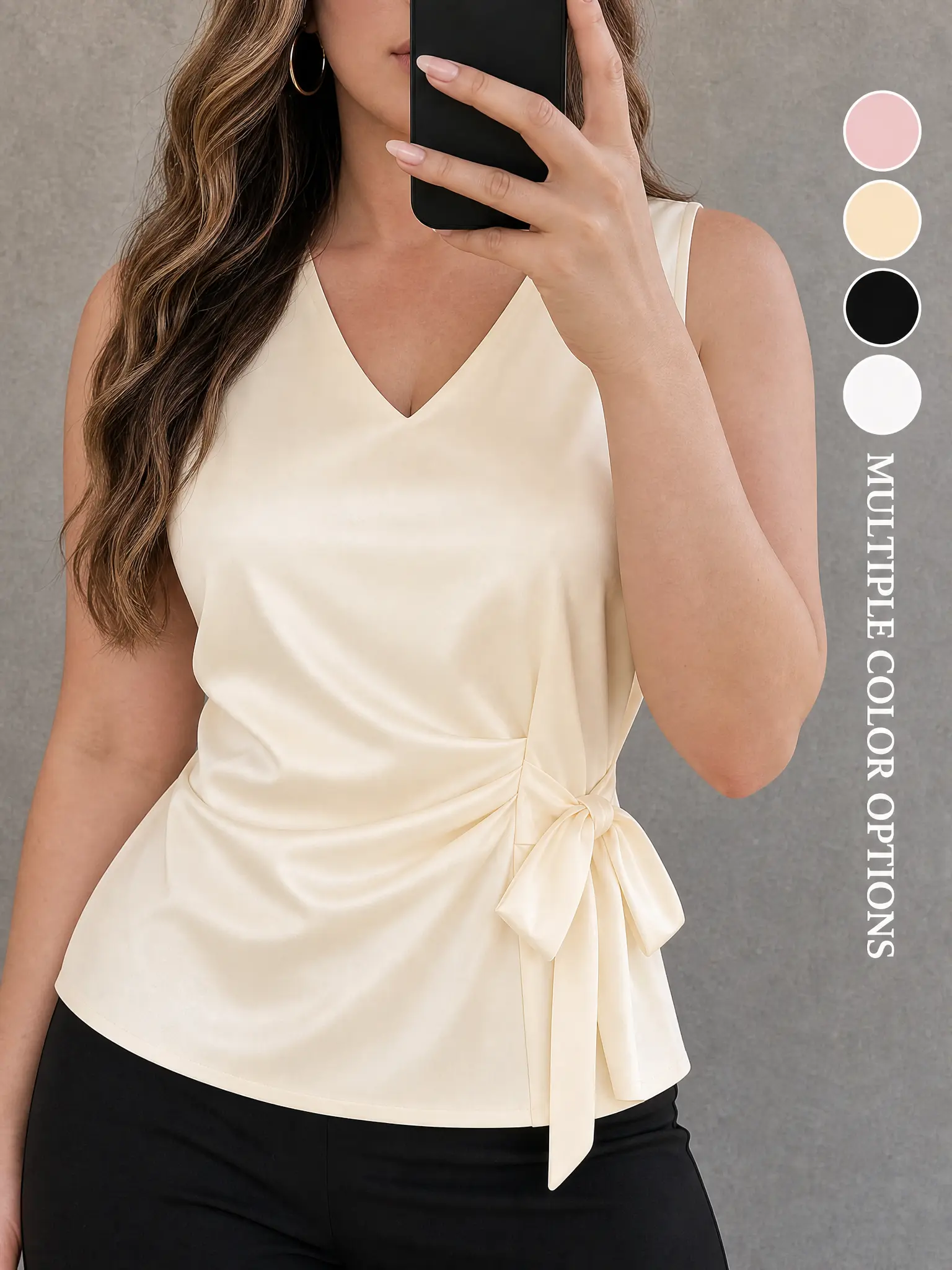 Women's Satin V-Neck Sleeveless Top | Chic Side Tie Silk Blouse | Elegant Work wear to Date Night Summer Staple | ADORPOP