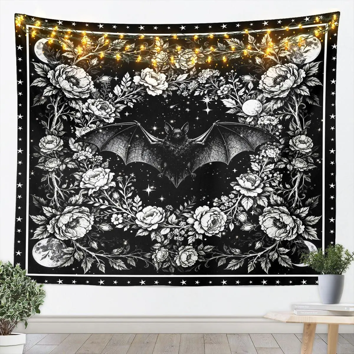 Goth Tapestry Bedroom | Halloween Bats Wall Tapestry Aesthetic Spooky Vintage Floral Tapestries Large,Moon Flowers Hanging Wall Art Black Gothic Decor