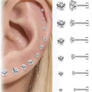 Trendy 6 Pairs Hypoallergenic Flat Back Earrings 20G for Women Men Silver 14K Gold Stainless Steel Stud Earrings Cubic Zirconia Surgical Steel Cartilage Earrings Sensitive Ears