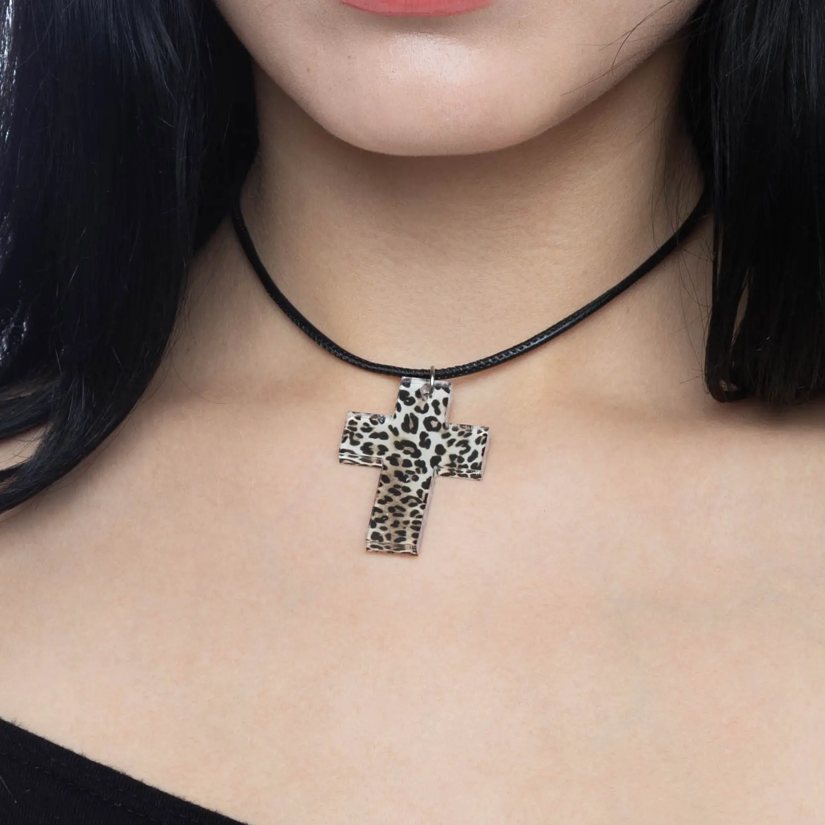 HeavenSent Leopard Cross Necklace | Leopard Print Acrylic Cross Choker.  Adjustable Cord with Stainless Steel Hardware. Waterproof + Tarnish Proof.