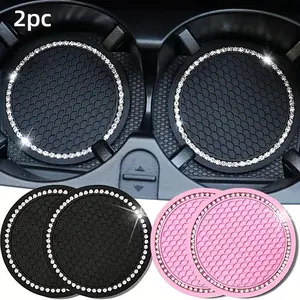 Rhinestone Car Cup Holder Coaster, Non-Slip Silicone Bling Cup Mat with Diamond Trim, Universal Fit Cup Holder Insert for Cars, SUVs & Trucks, Car Accessories – 2 Color Options