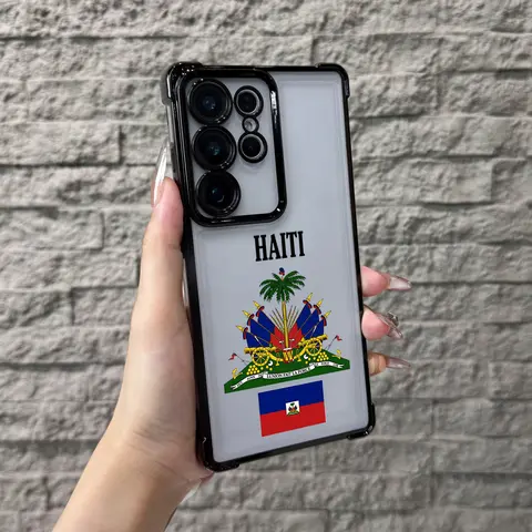 Haiti Flag pattern Design With Multi-Colored Border Suitable for Aesthetic Electroplated TPU Casing For iPhone Galaxy 17Pro Max Air 16 15Plus 14 13 12 11 XR XS S25 S24 S23 S22 Four Corners Anti-Fall Transparent Casual Soft Silicone cases NN176, Ac