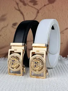 1 piece men's Fashion Belt, golden lion head relief alloy automatic buckle belt with rhinestone decoration, suitable for daily commuting, parties, weddings, and celebrations, perfect as a gift for husbands and fathers.