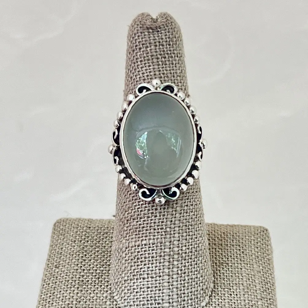 Sterling Silver 13.33ct Oval Cabochon Chalcedony with Beaded Halo Bali Style Ring