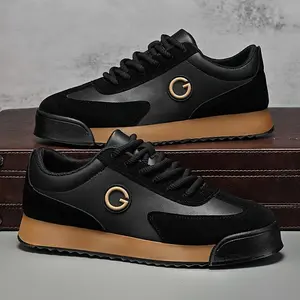Men's Retro Sneakers - Black & Golden Logo Design, Casual Low-Top Lace-Up Shoes with Orange Accent Sole for Casual Attire and Sports, Versatile Trainers | Laceup Sneakers | Durable Sole