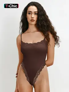 Women's Sexy Solid Color Spaghetti Strap Lace Trim Lace Detail Curve Hugging Compression Shaping Bodysuit
