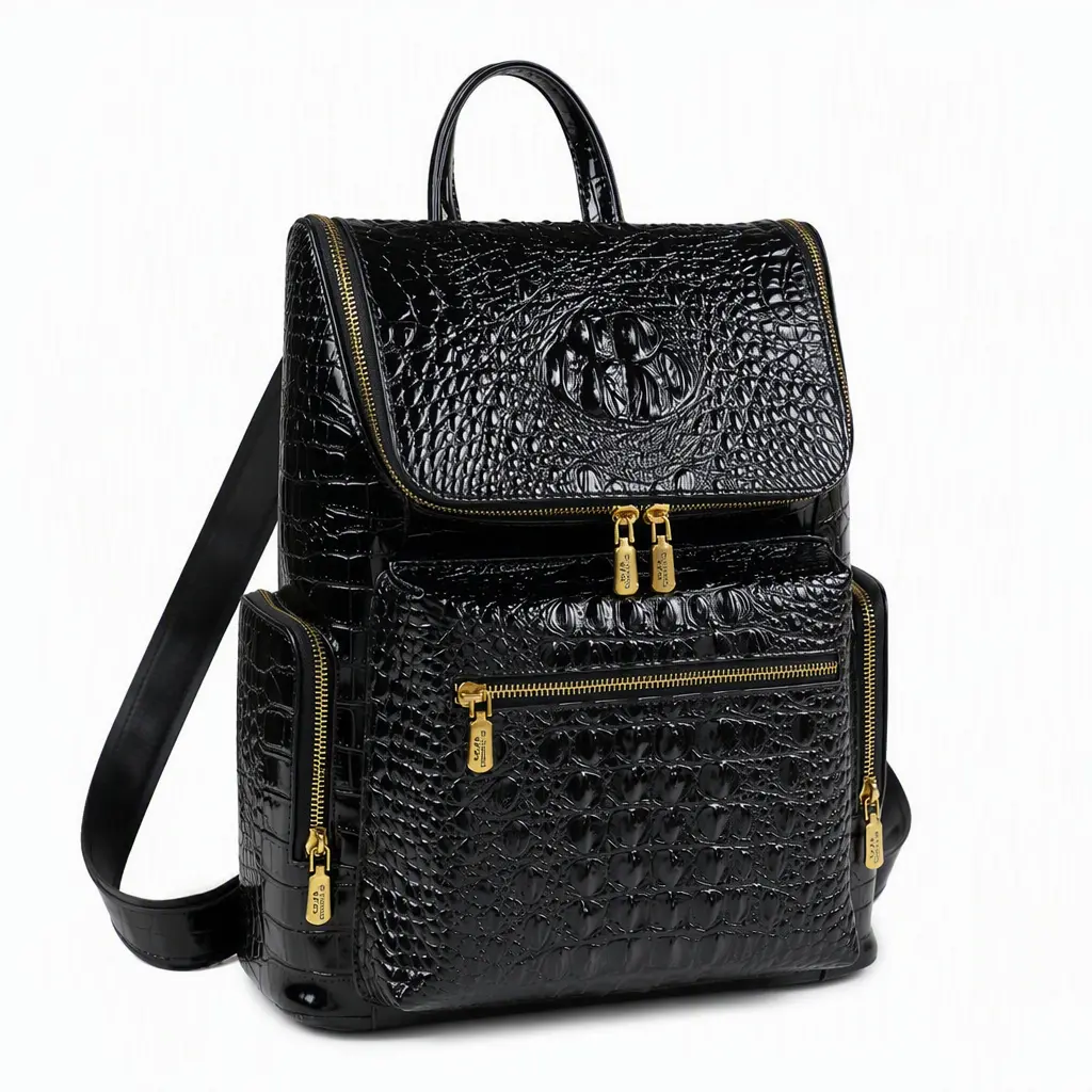 Black Crocodile Embossed Patent Leather Backpack for Men Women, Large Capacity Multi Pocket Travel Laptop Backpack, Luxury Gold Hardware Anti-Theft Work School Daily Commute Daypack supplies