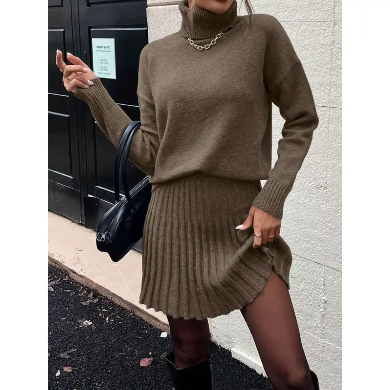 USBoutiqueCHIC Women’s Turtleneck Loose Knit Sweater & Ribbed Pleated Mini Skirt Two Piece Knit Set | Fall Winter Casual Chic Matching Outfit